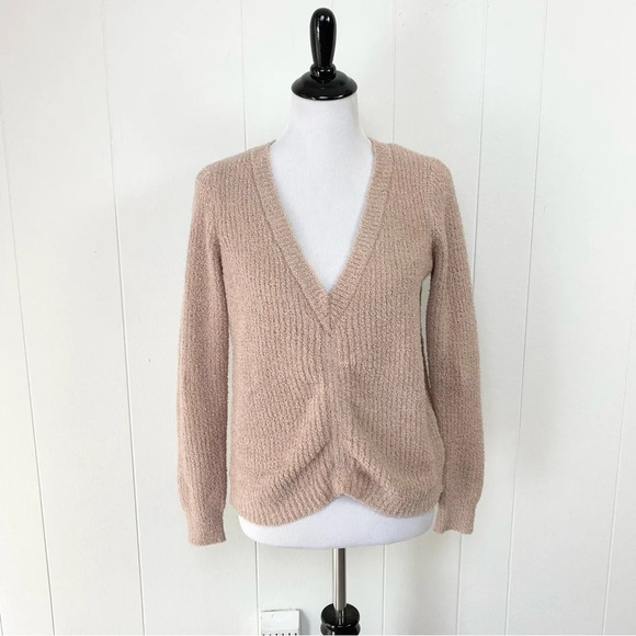 Boston Proper Blush Beige Sweater Textured Ruched V Neck Knit Long Sleeve XXS - Picture 1 of 12